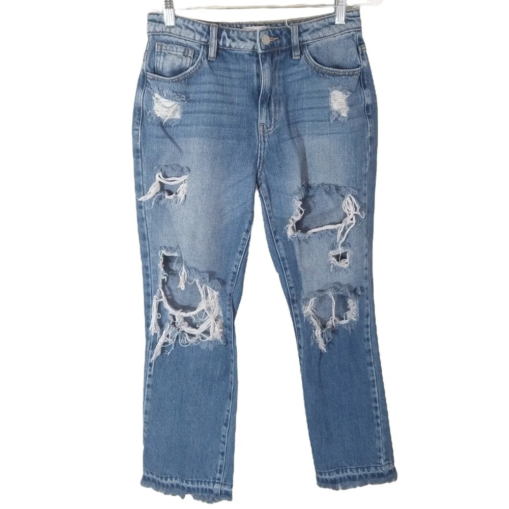 Kancan distressed raw hem ultra high rise straight denim blue jeans size 25